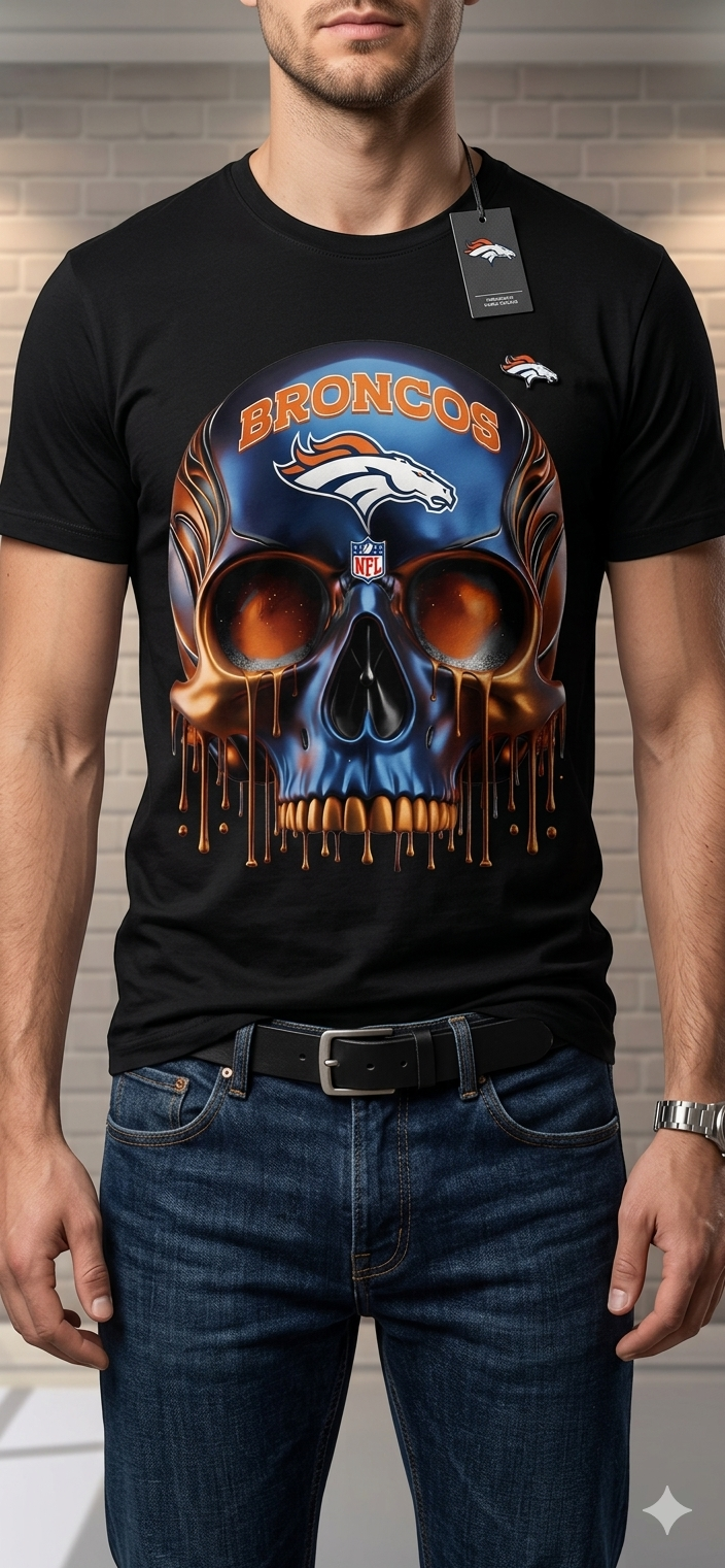 Denver Broncos Skull T-Shirt - Edgy Melting Liquid Chrome Fan Gear